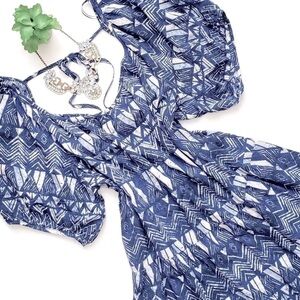 Knox Rose Blue Ikat Puff Sleeve Tiered Peasant Dress Ruffle Hem Size XXL